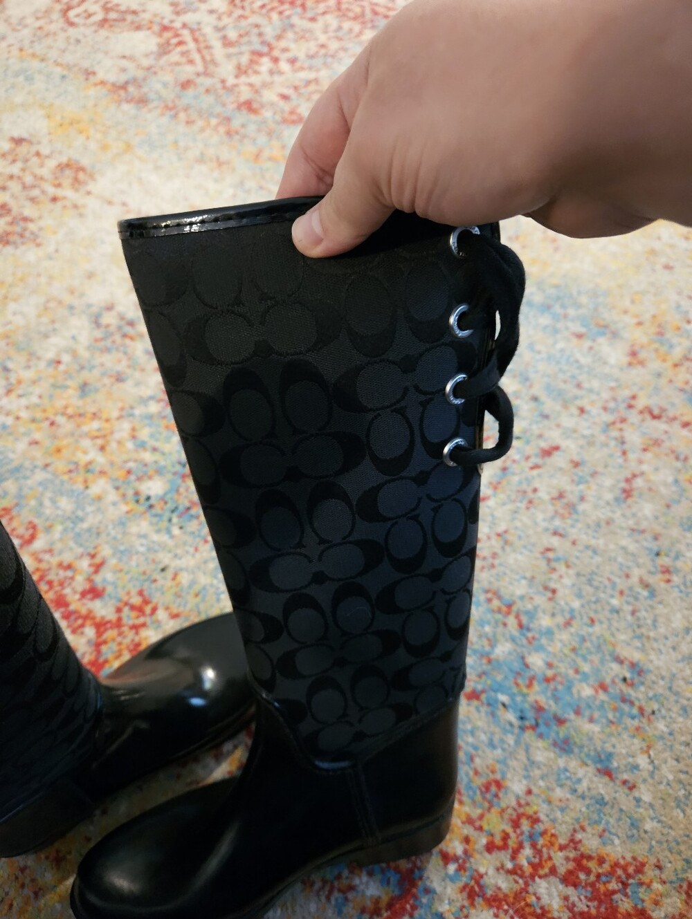 Coach Tristee Tall Lace Up Rain Boots Size 6B Waterproof Jacquard Logo - Picture 5 of 7
